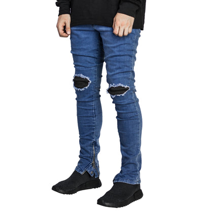 Waffle Knee Ankle Zip Jeans : Blue