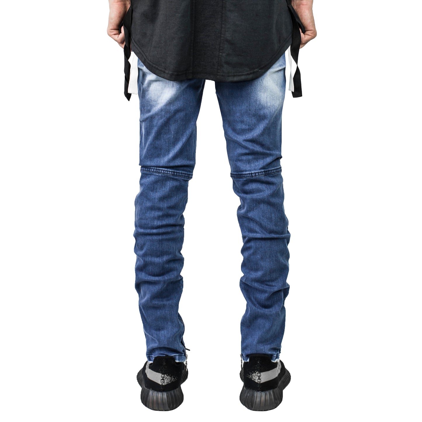 Asymmetric Knee Slit Ankle Zip Jeans : Blue Wash