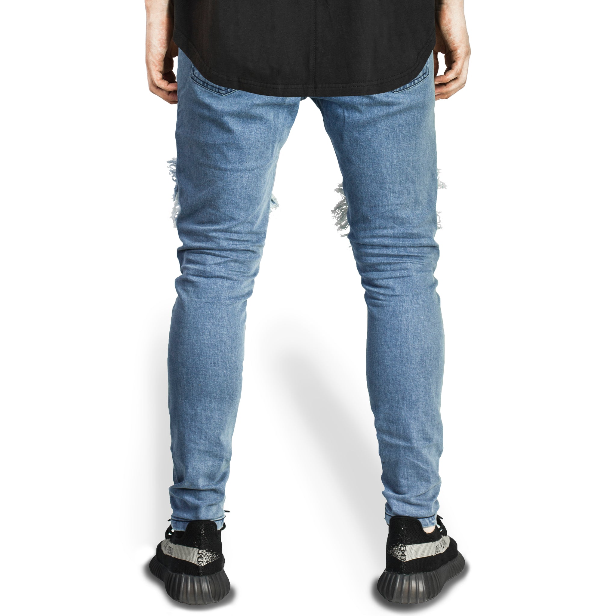 Distressed Biker Jeans : Blue Wash