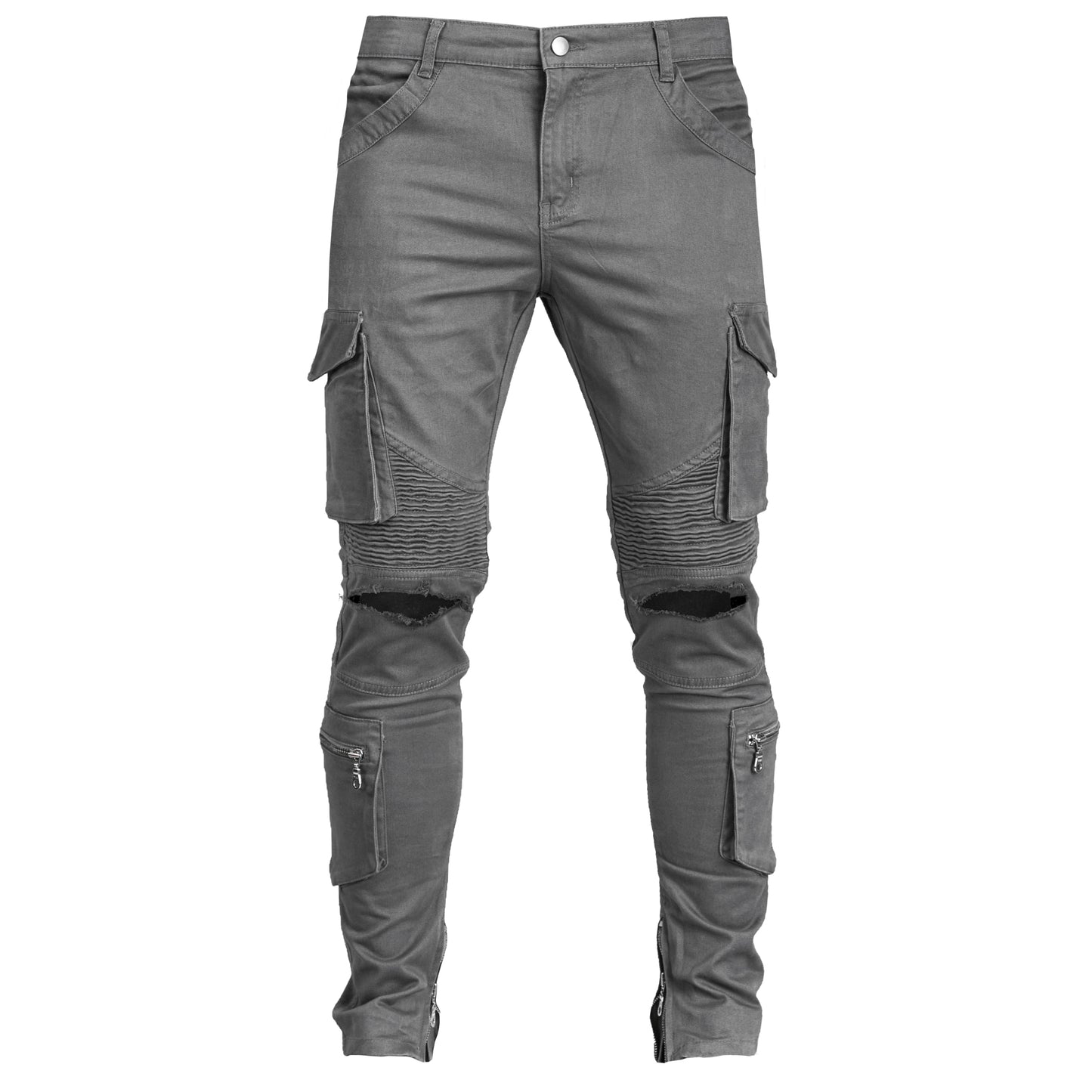Double-Cargo Biker Knee Slit Jeans : Grey