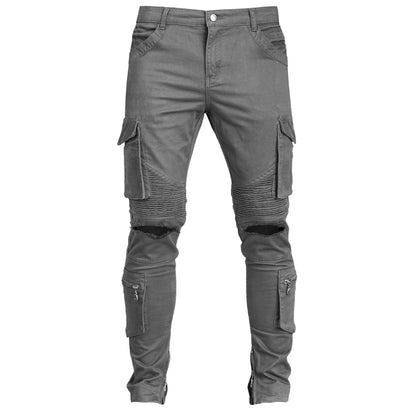 Double-Cargo Biker Knee Slit Jeans : Grey