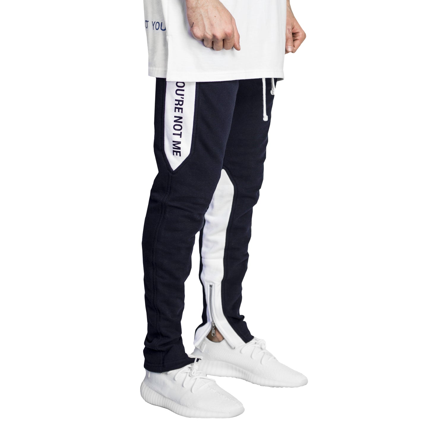 YNM Ankle Zip Trackpants : Navy/White