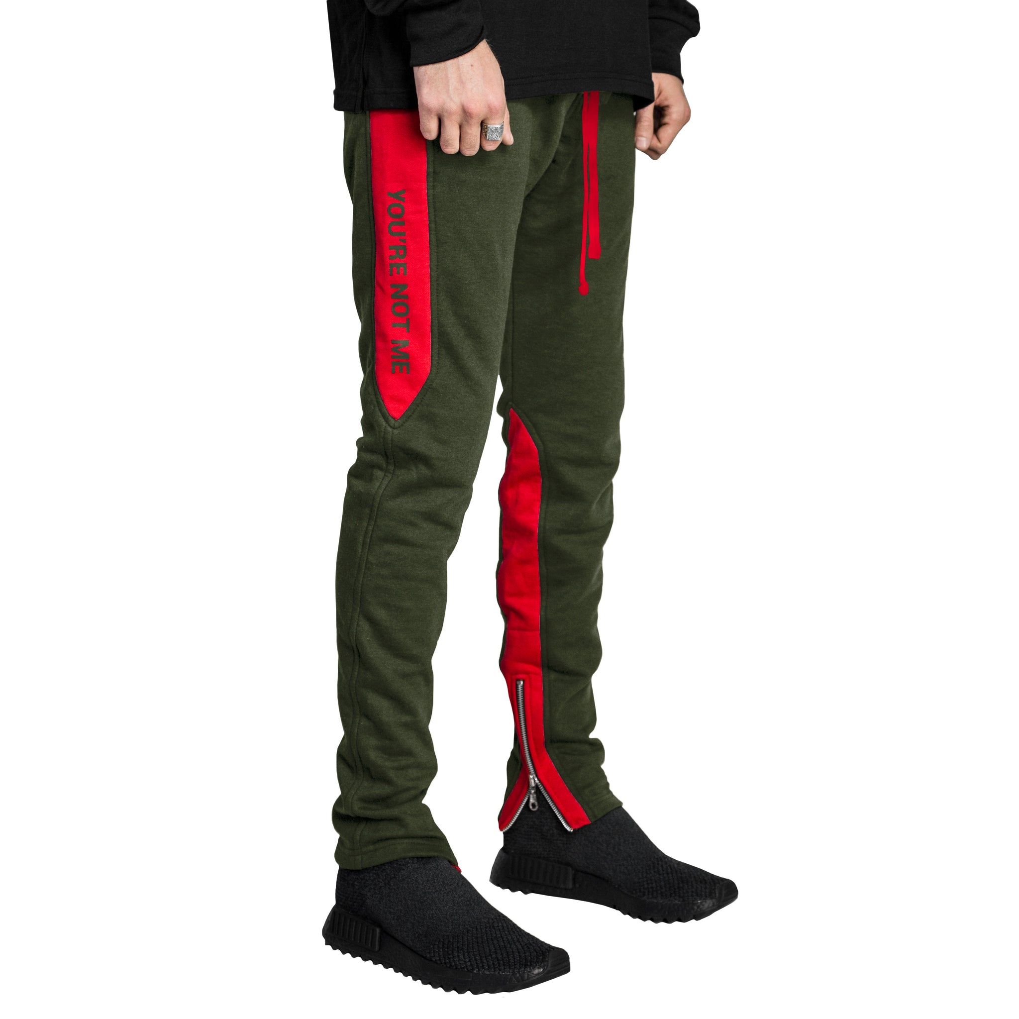 YNM Ankle Zip Trackpants : Olive/Red
