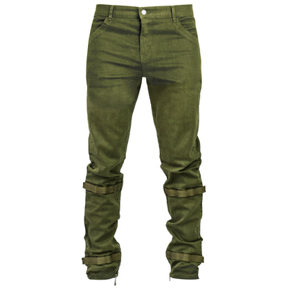 Strapped Ankle Zip Jeans : Olive
