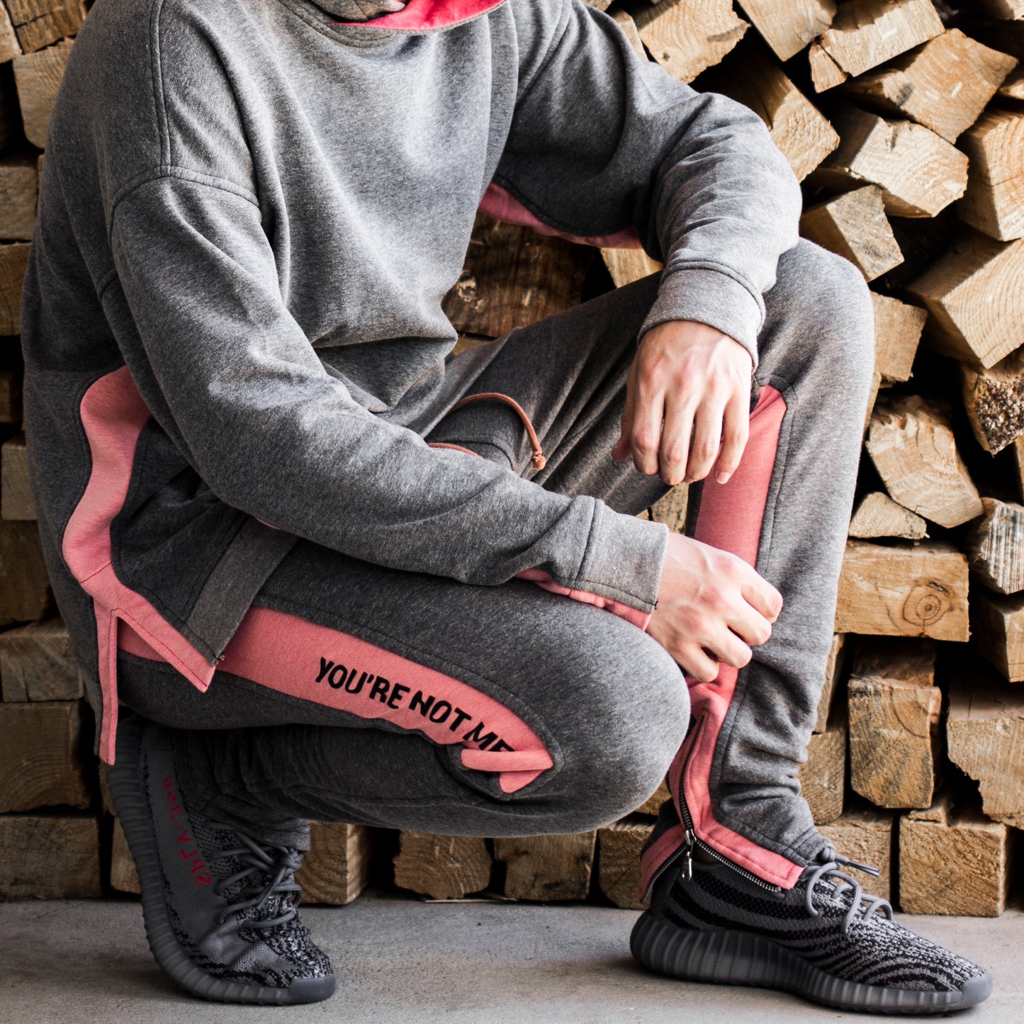 Sudadera con capucha con panel de costura: carbón/rosa