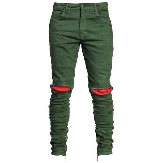 Waffle Knee Ankle Zip Jeans : Olive