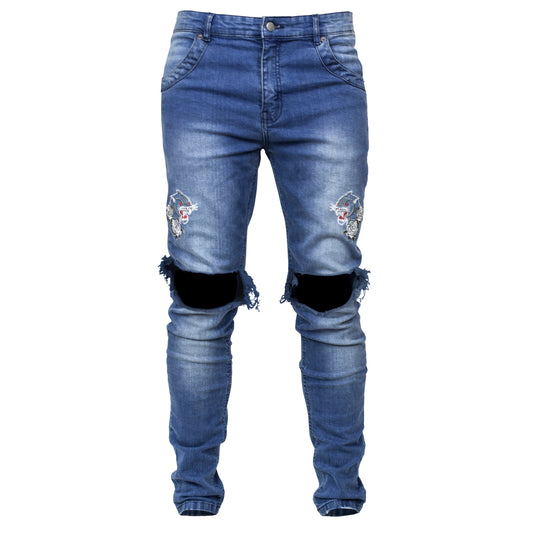 Panther Knee Hole Jeans : Blue Wash