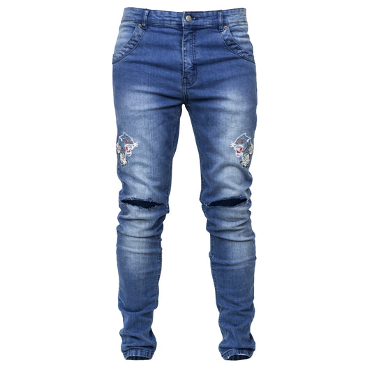 Panther Knee Slit Jeans : Blue Wash
