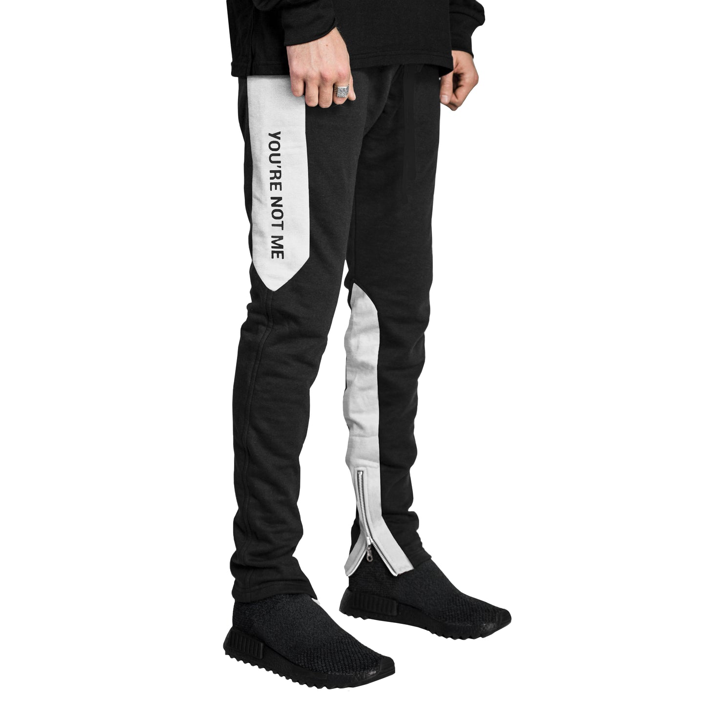 Pantalon de survêtement zippé YNM : Noir/Blanc