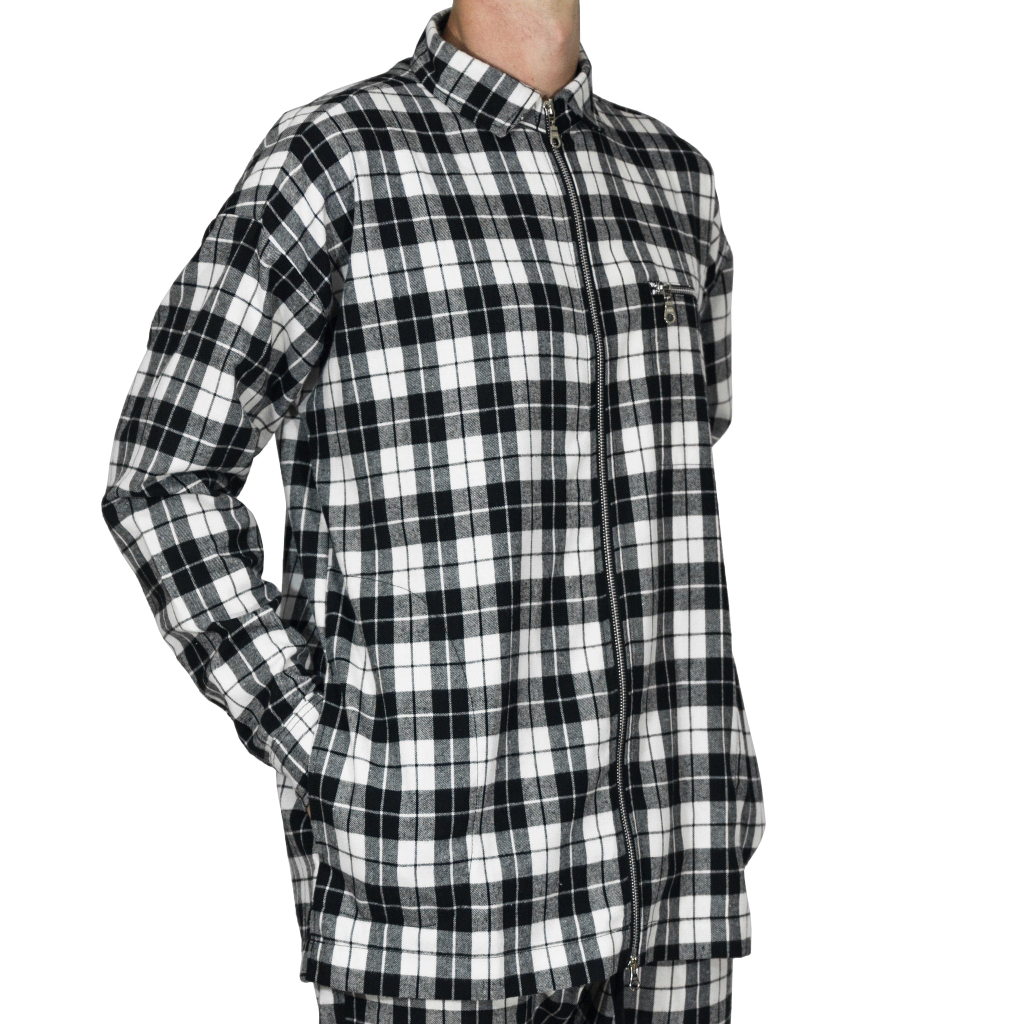 Zipup Longsleeve : White/Black Flannel