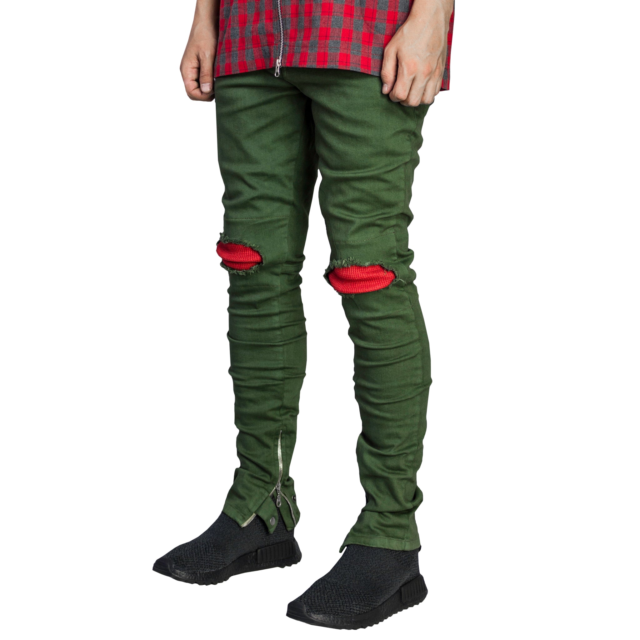 Waffle Knee Ankle Zip Jeans : Olive