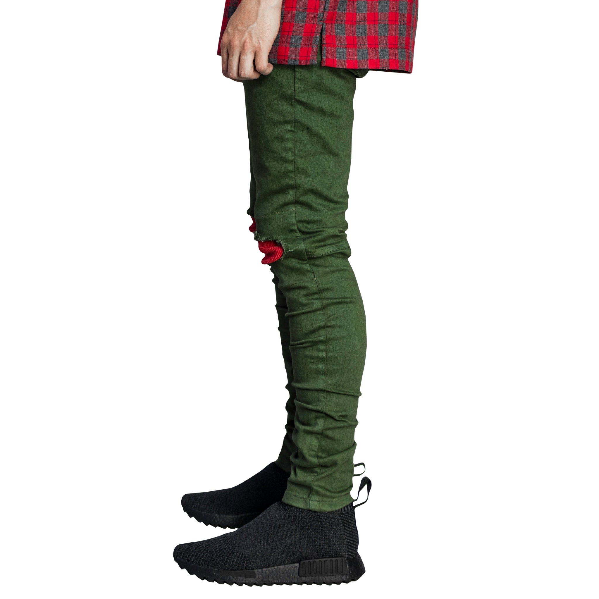 Waffle Knee Ankle Zip Jeans : Olive